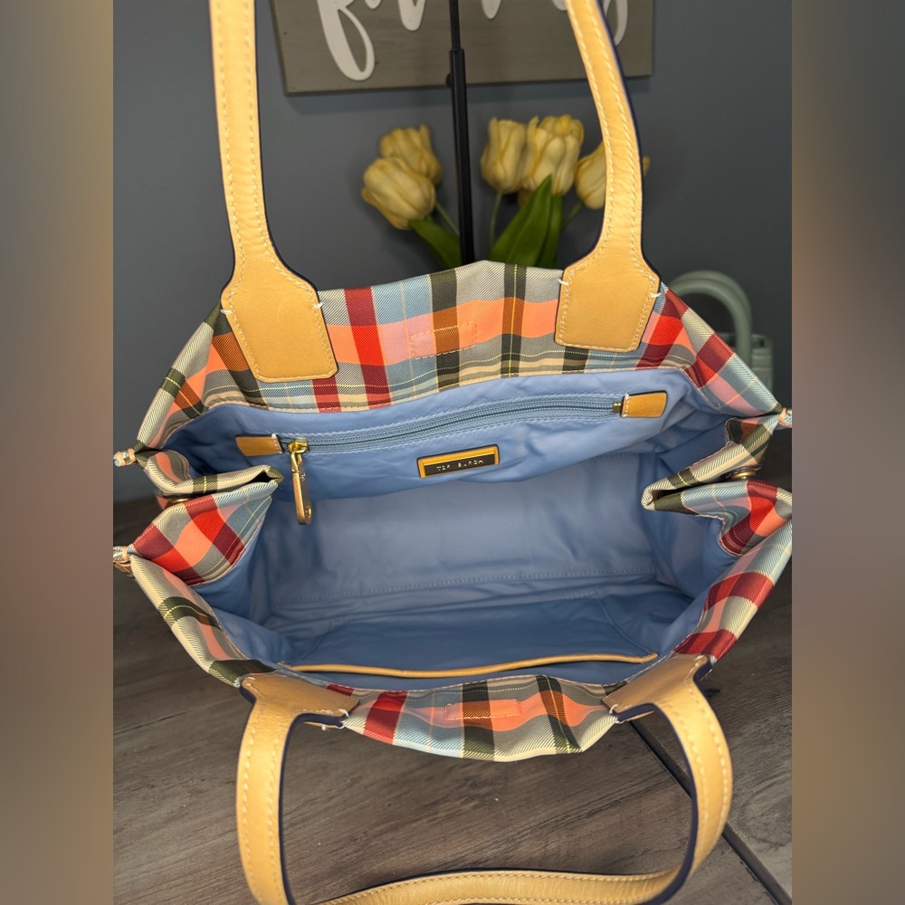 Tory Burch Plaid Tote Bag in Multicolor with Tan Leather Trim - Picture 14 of 16